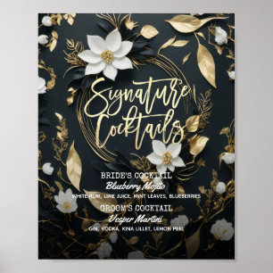 Poster Menu de Bebida de Assinatura Floral Dourada
