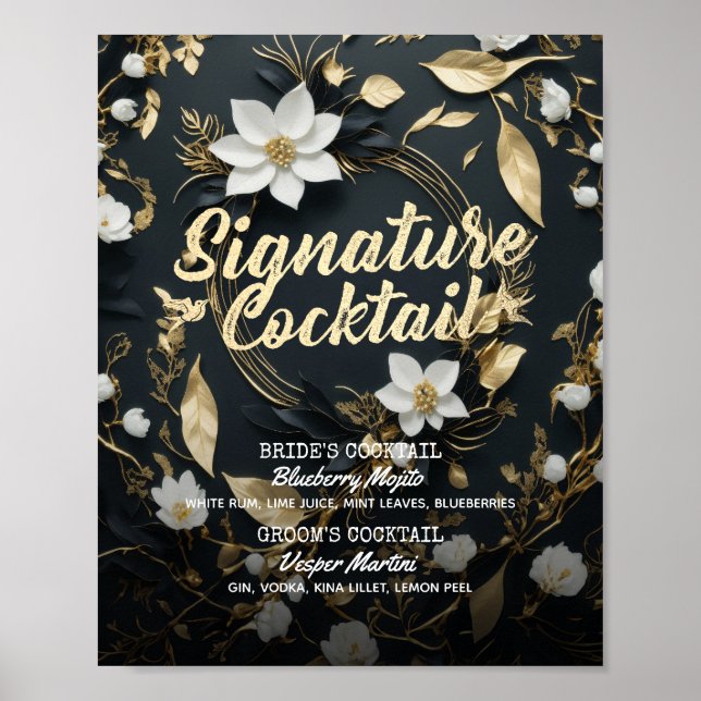 Poster Menu de Bebida de Assinatura Floral Dourada (Frente)