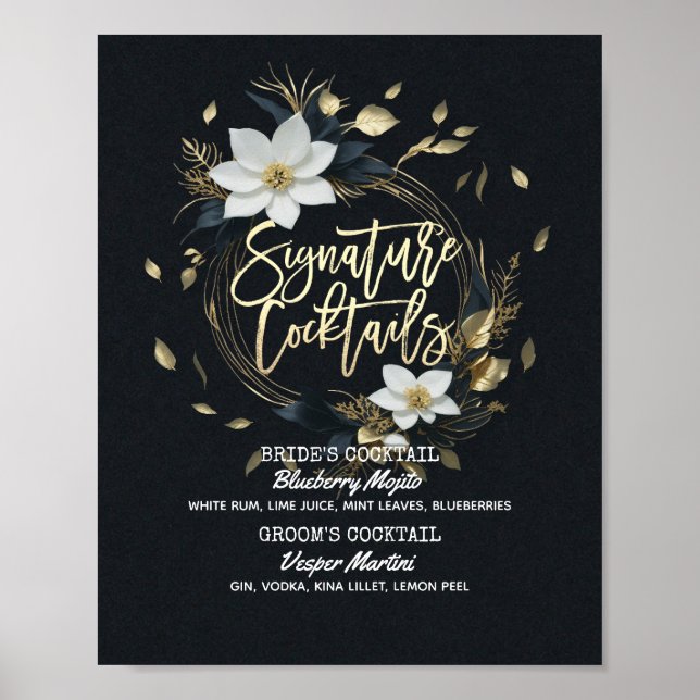 Poster Menu de Bebida de Assinatura Floral Dourada (Frente)