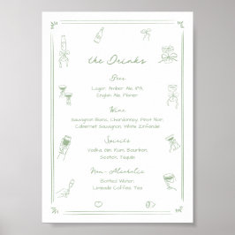 Poster Menu de Bebida de Bar Branco e Verde Desenhado à M