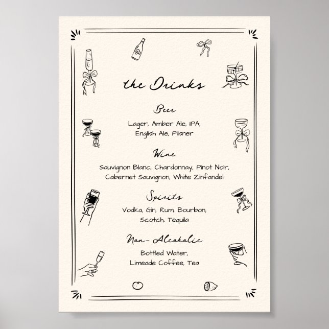 Poster Menu de Bebida de Bar de Casamento Simples (Frente)