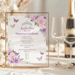 Poster Menu de Bebida de Quinceanera Floral Cinzenta Cinz