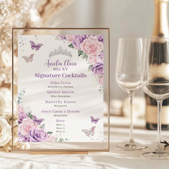 Poster Menu de Bebida de Quinceanera Floral Cinzenta Cinz (Criador carregado)
