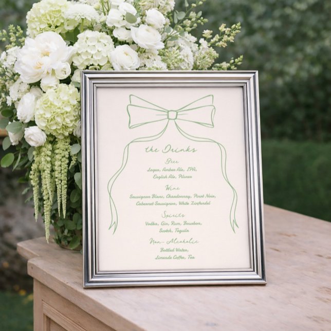 Poster Menu de Bebida do Bar de Casamento Verde Desenhado (Criador carregado)
