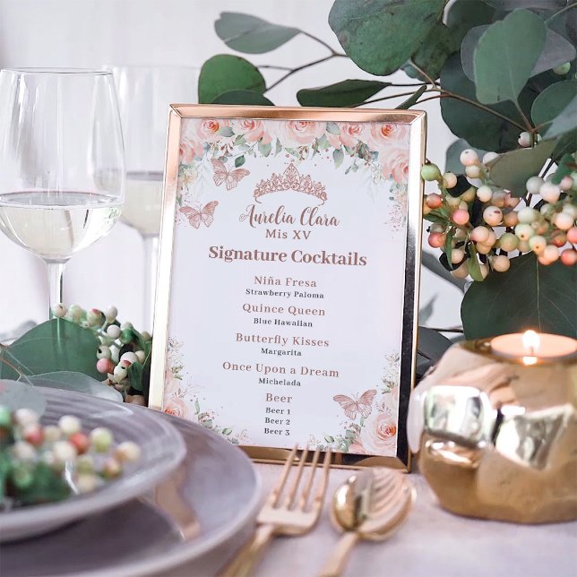 Poster Menu de Bebida do Bar de Quinceanera Dourado Blush (Criador carregado)