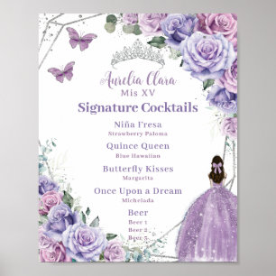 Poster Menu de Bebida Floral de Quinceañera Lavanda Roxa