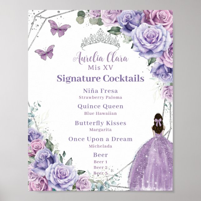 Poster Menu de Bebida Floral de Quinceañera Lavanda Roxa (Frente)