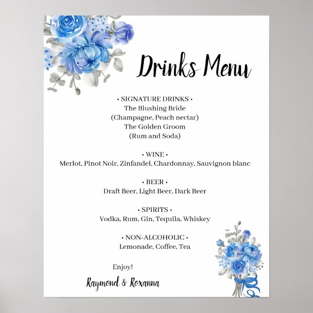Poster Menu de Bebidas com Flores Azuis Sinal de Casament (Frente)