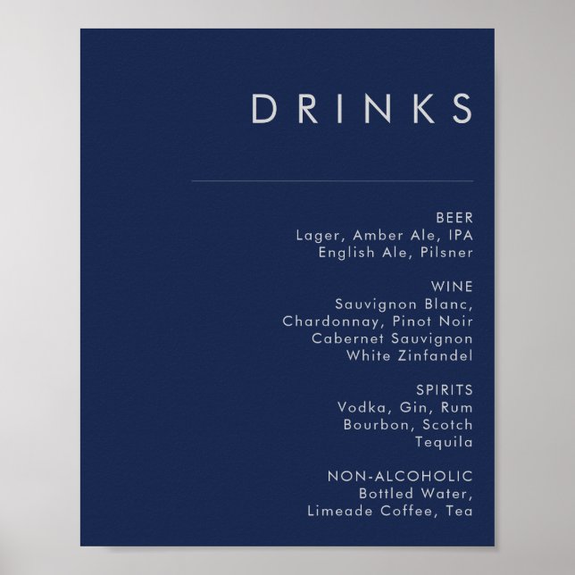 Poster Menu de Bebidas de Casamento Azul Silver Marinho M (Frente)