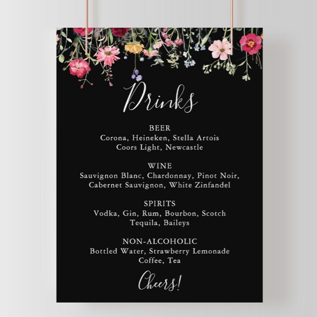Poster Menu de Bebidas de Casamento de Flores Selvagem de (Criador carregado)