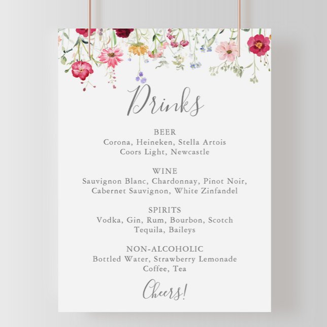 Poster Menu de Bebidas de Casamento de Flores Selvagem Mu (Criador carregado)