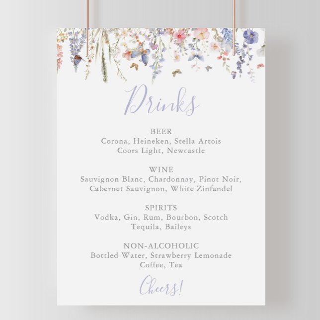 Poster Menu de Bebidas de Casamento de Flores Selvagens d (Criador carregado)