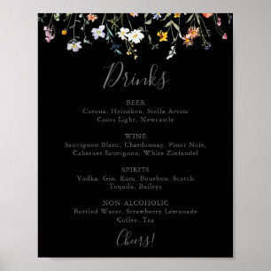 Poster Menu de Bebidas de Casamento Preto Floral com Mult
