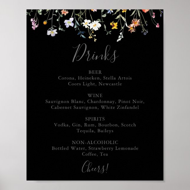 Poster Menu de Bebidas de Casamento Preto Floral com Mult (Frente)