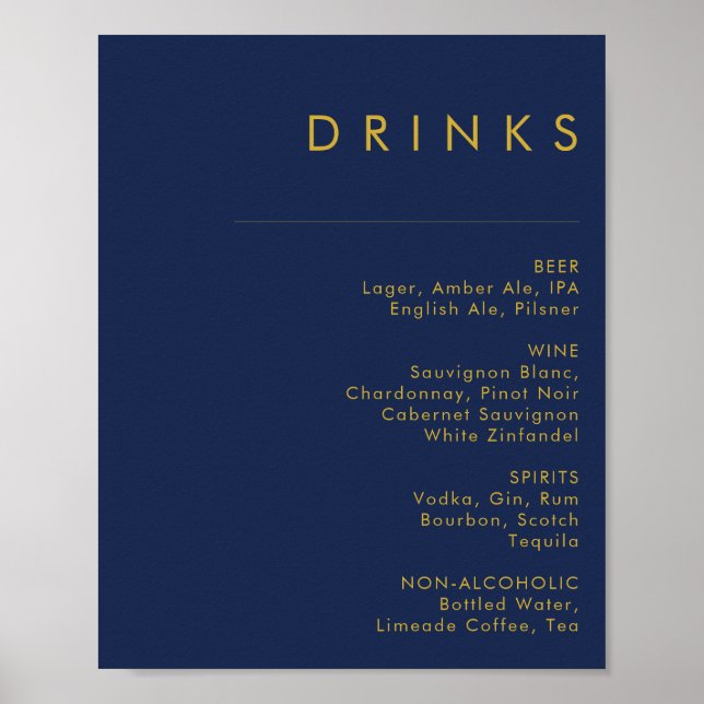 Poster Menu de Bebidas Douradas de Casamento Azul com Mar (Frente)