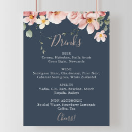 Poster Menu de Bebidas Florais de Casamento do Rosa de Ja