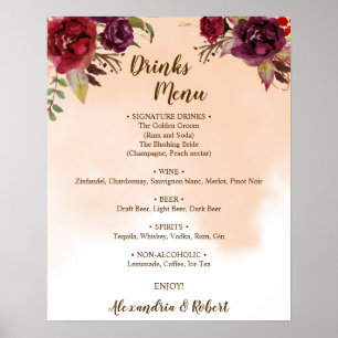 Poster Menu de Bebidas Flores de Borgonha Sinal de Casame