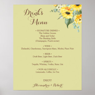 Poster Menu de Bebidas Girassóis Verdura Casamento Nupcia