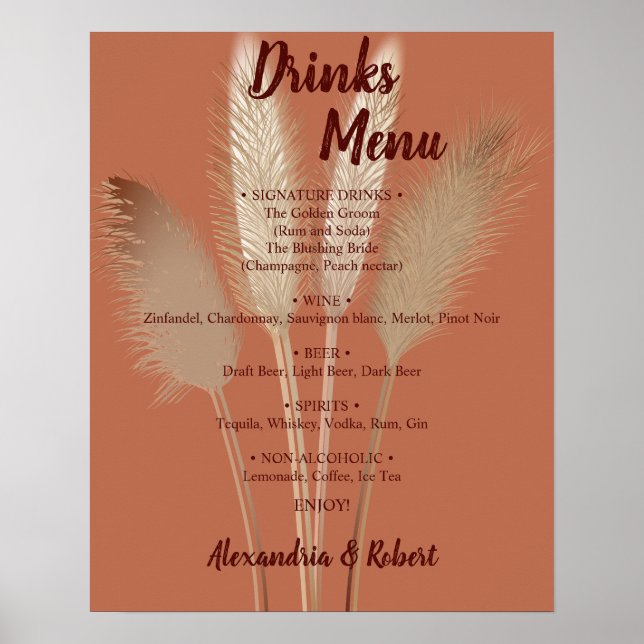 Poster Menu de Bebidas Sinal de Casamento de Noiva Grama  (Frente)