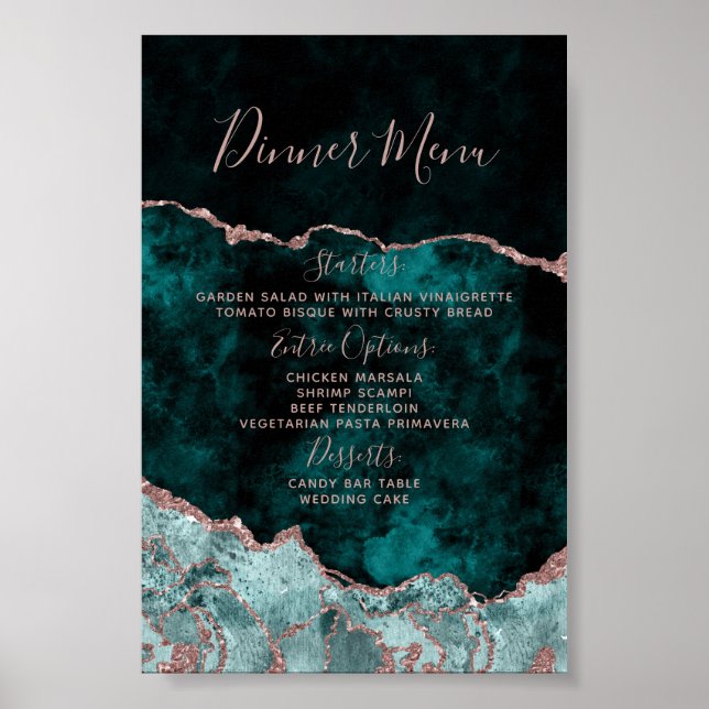 Poster Menu de Casamento de Agate Marble, Rosa Verde de P (Frente)