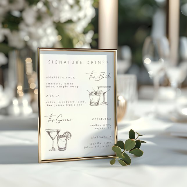 Poster Menu de Casamento de Bebidas por Assinatura Minima (Modern Minimalist Signature Drinks Wedding Menu Poster)