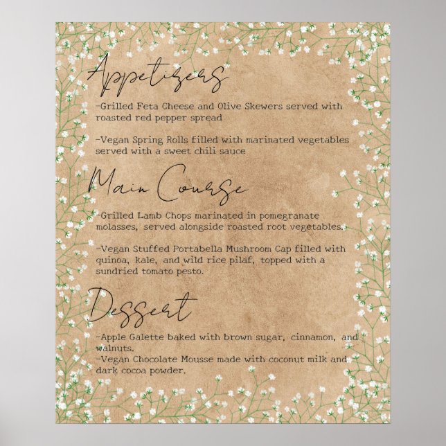 Poster Menu de Casamento do Boho Floral da respiração do  (Frente)