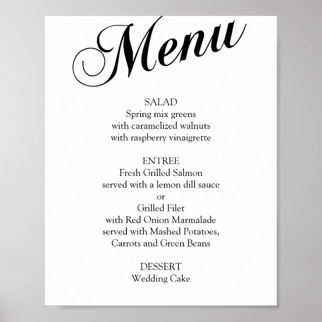 Poster Menu de casamento do guião elegante preto e branco (Frente)