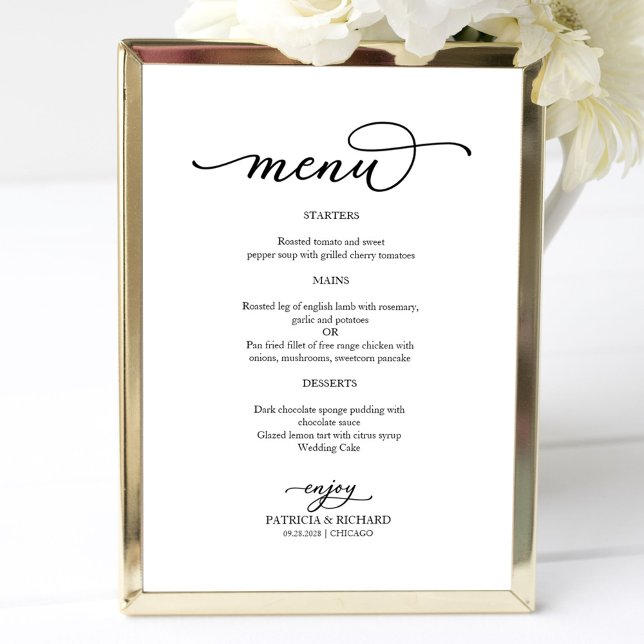 Poster Menu de Casamento Elegante em Preto e Branco em Le (Criador carregado)