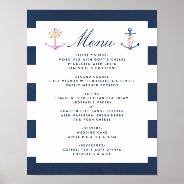 Poster Menu de Casamento Floral Náutico de Aquarela (Frente)