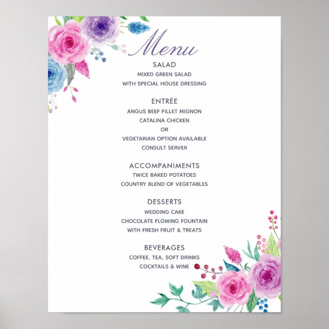 Poster Menu de Casamento Floral Ultra Violet Mix Watercol (Frente)