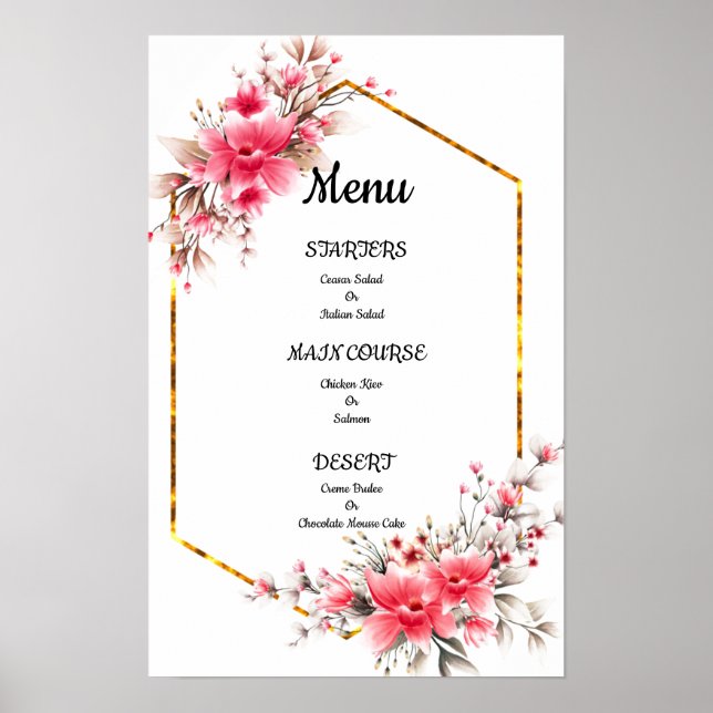 Poster menu de casamento, menu de casamento floral (Frente)