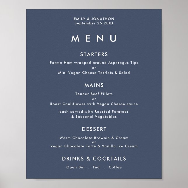 Poster Menu de Casamento Simples Azul Naval Empoeirado (Frente)