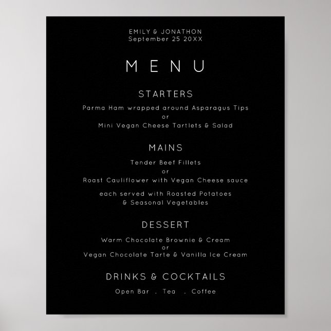 Poster Menu de Casamento Simples Texto Branco Preto (Frente)