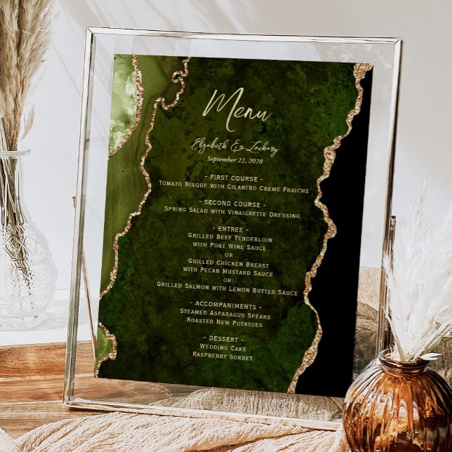 Poster Menu de Mesa de Casamento de Agata Dourada Verde O (Criador carregado)