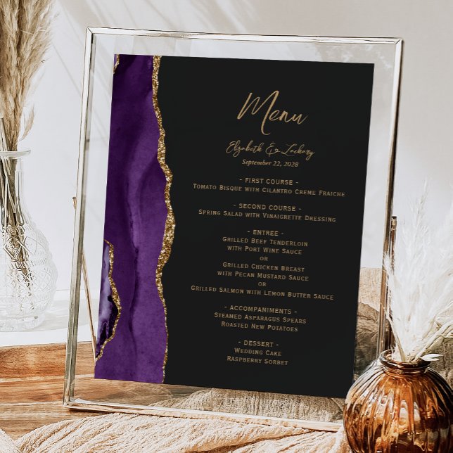 Poster Menu de Mesa de Casamento Dourado com Agato Roxo (Criador carregado)