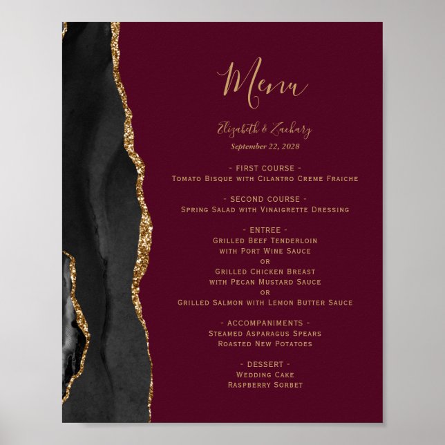 Poster Menu de Mesa de Casamento Dourado da Borgonha Negr (Frente)