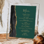 Poster Menu de Mesa Verde Dourado Elegante<br><div class="desc">A borda esquerda deste elegante cardápio moderno de casamento mostra uma borda de agata preta, aparada com falso brilho dourado. A palavra "Menu" aparece em um guião de escrita manuscrita dourada sobre um fundo verde esmeralda escuro. Personalize o texto restante com os nomes do casal, a data do casamento e...</div>