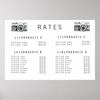 Poster Menu de Preço do Fotógrafo de Câmera de Aquarela I