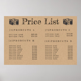 Poster Menu de Preços de Fotógrafo da Câmera Kraft Cartaz