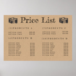 Poster Menu de Preços de Fotógrafo da Câmera Kraft Cartaz