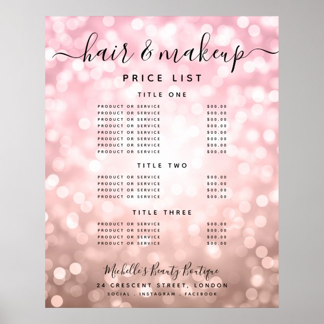 Poster Menu de Preços de Salão de Luzes Glitter em Ouro R (Frente)