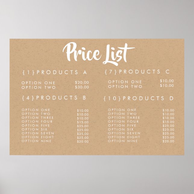 Poster Menu de Preços de Serviço KRAFT Cartaz Impresso Pe (Frente)
