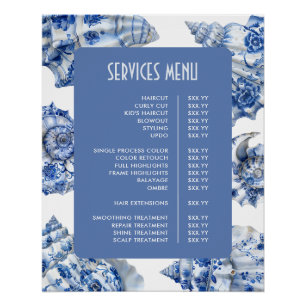 Pôster Menu de Serviços Conchas Azuis Elegantes