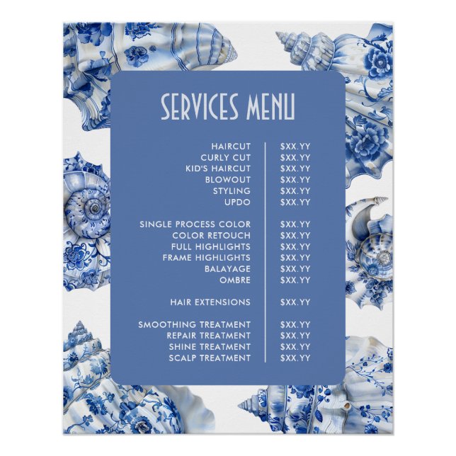 Pôster Menu de Serviços Conchas Azuis Elegantes (Frente)