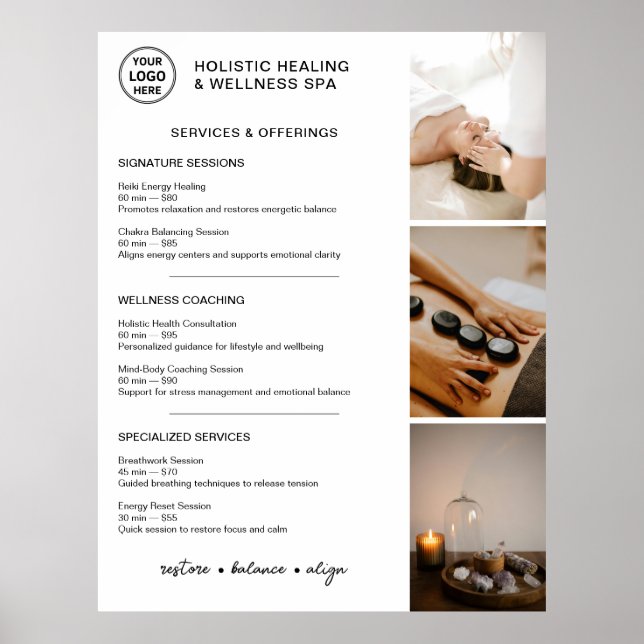 Poster Menu de Serviços de Bem-Estar Holístico Branco (Frente)