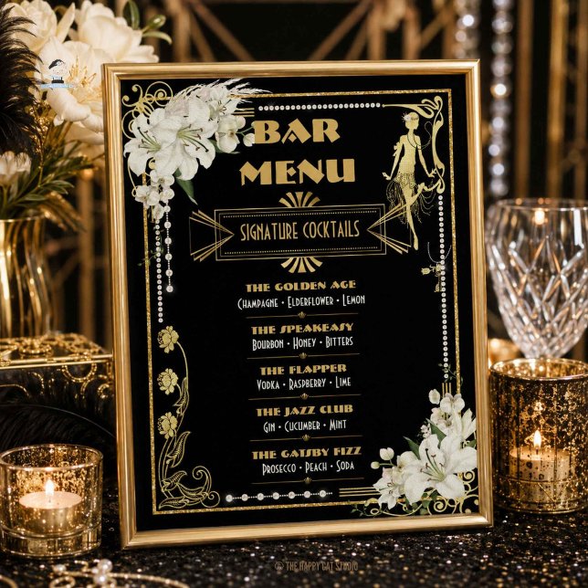 Poster Menu do Bar Art Deco Pérolas Flores Brancas Gatsby (Art Deco Pearls White Flowers Gatsby 20s Bar Menu Poster Printed and digital download)