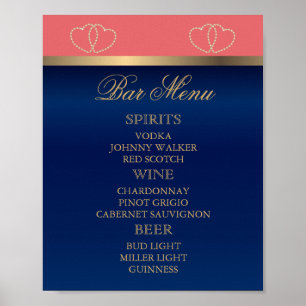 Poster Menu do Bar - Coral e Azul Marinho com Corações Do