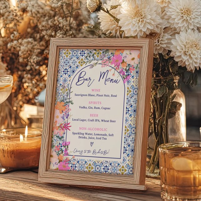 Poster Menu do Bar Floral Rosa-Rosa-Azulejo Mediterrâneo (Mediterranean Tile Pink Floral Bar Menu Poster)