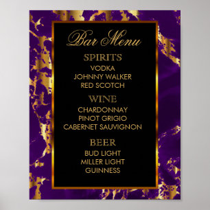 Pôster Menu do Bar - Mármore Roxo e Dourado e Preto