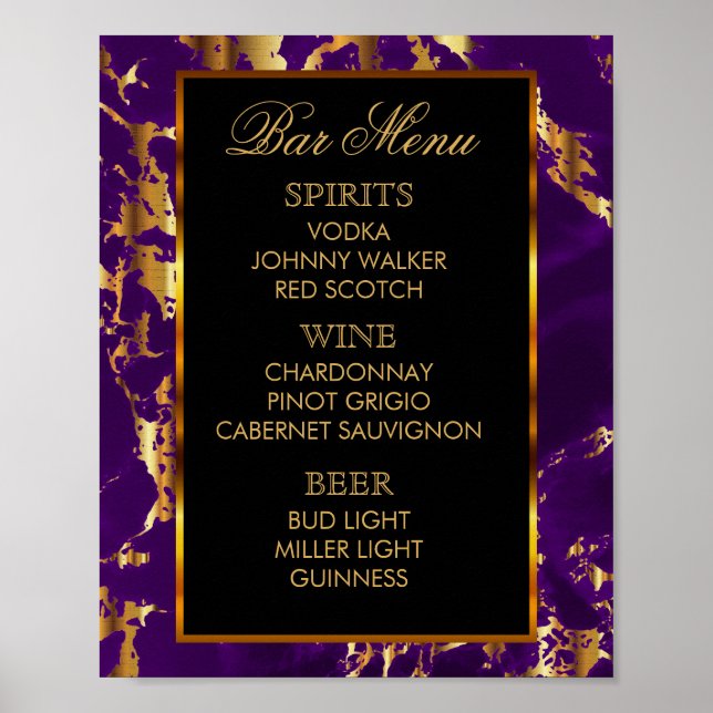 Pôster Menu do Bar - Mármore Roxo e Dourado e Preto (Frente)